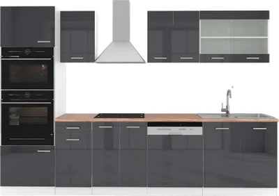 Produktbild von Küchenzeile Vicco R-Line Anthrazit Hochglanz 300 cm mit Hochschrank, AP Eiche, Model 42706