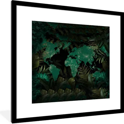 Produktbild von MuchoWow® MuchoWow® Gerahmtes Poster Weltkarte - Grün - Pflanzen 40x40 cm - Poster mit zchwarzem Bilderrahmen - Poster - Plakat im Rahmen