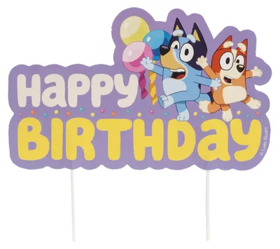 Produktbild von Dekora Bluey & Bingo Tortentopper mit Aufschrift "Happy Birthday"
