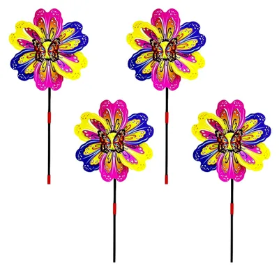 Produktbild von 4er Set Windräder für den Garten, 53 cm Bunte Blumen mit Schmetterlingen, Wetterfeste Gartendekoration für Balkon und Terrasse