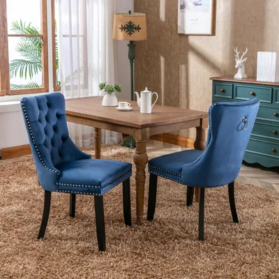 Immagine prodotto di Sedia da pranzo di alta qualità in legno massiccio trapuntato con rivestimento in velluto moderno, gambe in legno e chiodi decorativi, set da 2 pezzi