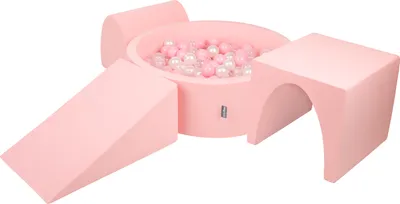 Produktbild von KiddyMoon spielplatz aus schaumstoff mit rund bällebad (300 bälle) ballgruben für babys spielbad hindernisläufen, hergestellt in der eu, pink:puderrosa/perle/transparent