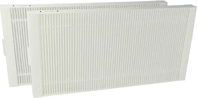 Two white rectangular air filters arranged diagonally on a white background.