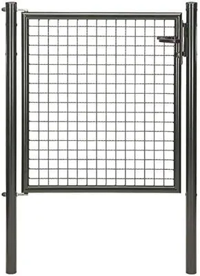 A single metal gate with a grid pattern, mounted on two posts.
