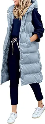 Produktbild von ASKSA Damen Daunenweste Mantel Wintermantel mit Kapuze Ärmellose Länge Steppjacke, Blau, 2XL