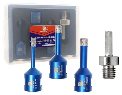 Obrázok produktu pre Sada diamantových vrtákov na dlaždice, granit a mramor, vrátane adaptérov pre uhlovú brúsku, s priemerom 6/8/10 mm