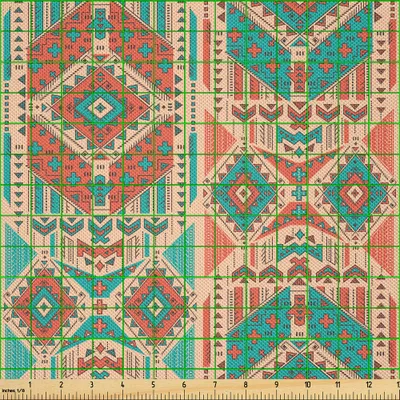 Produktbild von ABAKUHAUS Mexikaner Satin Stoff als Meterware, Weinlese-Pastell tonte geometrische Zusammensetzungs-amerikanische Motive, 1 M (148 x 100 cm), Meeresgrün Dunkle Koralle