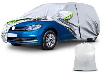 Immagine prodotto di Copertura protettiva per auto, compatibile con VW Touran dal 2003 al 2023, protezione per tutte le condizioni atmosferiche, colore argento, con cerniera per l'accesso alle portiere e serratura