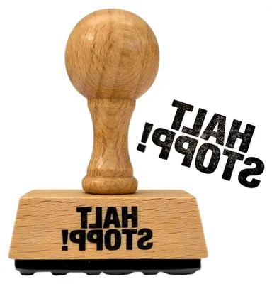 Produktbild von Stabiler Holzstempel "Halt Stopp!", 5 x 3 cm, mit ergonomischem, rundem Griff für den Büroalltag