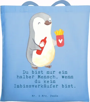 Produktbild von Mr. & Mrs. Panda Tote Bag Imbissverkäufer Herz - Sky Blue - Geschenk, Laptoptasche, Shopping Tasche, Spruch, Witzig, Jutebeutel, Lustig, Baumwolltasche, Pommesliebe