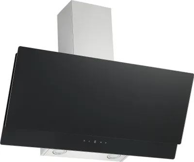 A black and silver range hood is shown against a white background.