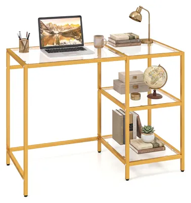 Produktbild von KOMFOTTEU Freistehendes Schreibtisch, Computertisch mit gehärtete Glasplatte, Schutzglasständer, Metallrahmen & geräumige arbeitsfläche, Arbeitstisch, Bürotisch für Wohnzimemr und Arbeitzimmer, 106 x 51 x 76cm