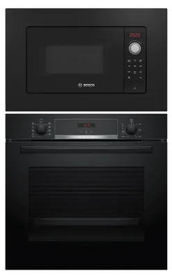 A black built-in microwave and oven set.