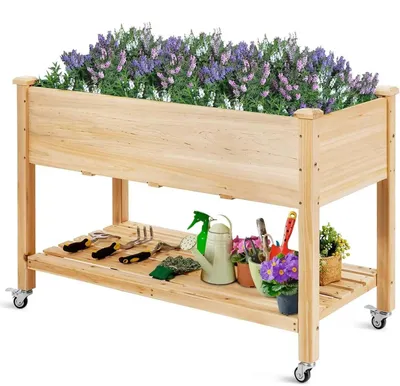 Immagine prodotto di Aiuola rialzata in legno - Vaso da fiori - Con ripiano - Rotelle bloccabili - Telo di copertura - 120 x 59 x 84 cm