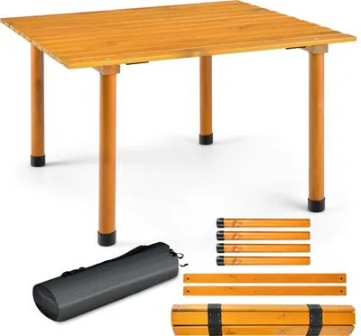 Produktbild von COSTWAY Campingtisch mit Tragetasche, aufrollbarer Picknicktisch aus Holz, tragbar 69x69x42cm