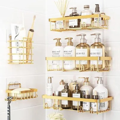 Immagine prodotto di Set di accessori per l'organizzazione del bagno - 5 pezzi - Autoadesivo - Finitura dorata lucida