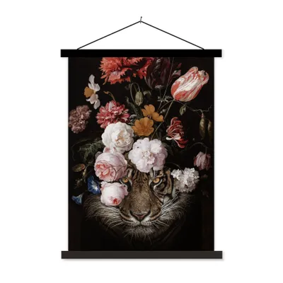 Produktbild von MuchoWow® Textilposter Tiger - Blumen - Tierkopf 90x120 cm mit schwarzem Rahmen - Dekoration