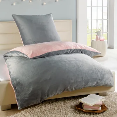 Produktbild von Malika Mikrofaser-Cashmere-Touch-Bettwäsche 3-teilig, 200 × 200 + 2 × 80 × 80 cm, Silber-Rosa