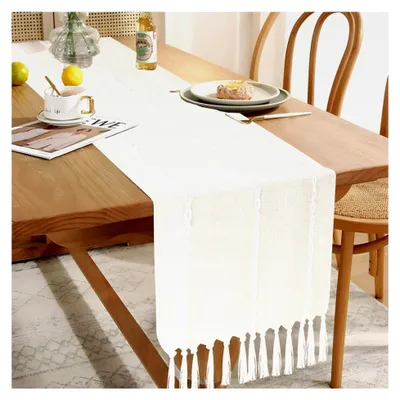 Produktbild von Boho Tischläufer aus Baumwolle und Leinen mit Handquasten, rustikale Tischdekoration im Bauernhausstil für Heimdekoration, Feiertagsfeiern, Esszimmer- und Hoteldekorationen, 33×183 cm, Beige