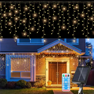 Obrázok produktu pre Jayseuw 10M LED solárne rozprávkové svetlá vonkajšie vodotesné LED ľadový dážď 400 LED Icicle Light záves s diaľkovým ovládaním vnútorné vonkajšie záhradné dekorácie teplá biela