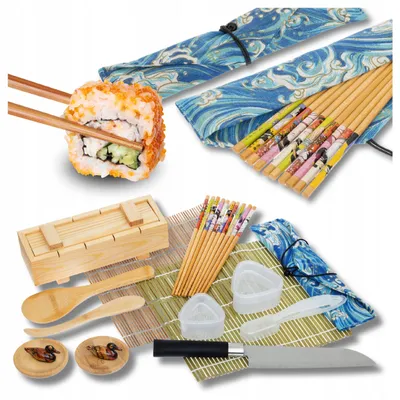 Image de Kit de préparation de sushis en bois, comprenant un rouleau, un moule en bois, et un ensemble de 17 pièces