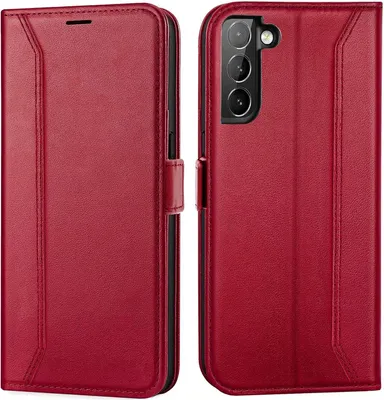 A red leather flip case for a smartphone, shown from the front and back.