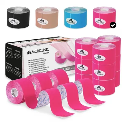 Produktbild von Mobiclinic, Kinesiotape, Mobitape, 5 cm x 5 m, Kinesiologische Therapie, Tape Sport, Muskelstraffend, Hypoallergen, Kinesiotape bunt, 12 Rollen, Pink