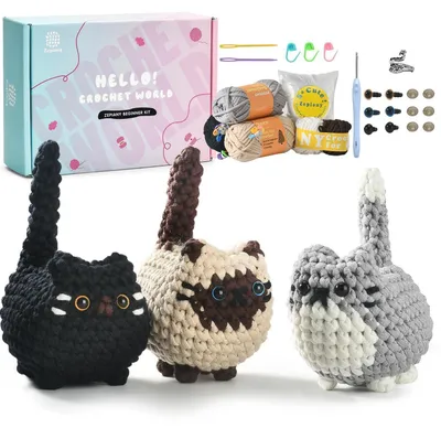 Produktbild von Häkelset Tiere für Anfänger mit Videoanleitung - 3 Katzen Amigurumi