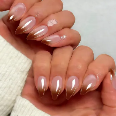 Obrázek produktu pro Umělé nehty na nalepování, mandlový tvar, ombre efekt, hnědé barvy, s třpytkami, 24 kusů
