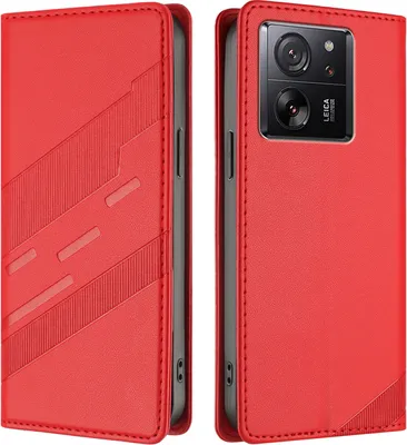 Produktbild von Hülle für Xiaomi 13T / 13T Pro/Redmi K50 Ultra, Kunstleder Brieftaschen Handyhülle mit Kartenfach und Standfunktion Rot