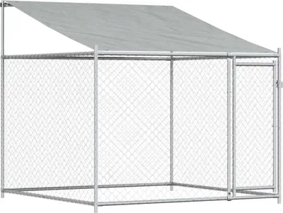 A dog kennel with a roof and door, made of galvanized steel.