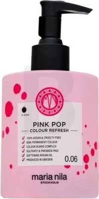 A pink bottle of Maria Nila Colour Refresh Pink Pop hair mask with a black pump dispenser.