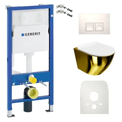 Produktbild von DOMINO Geberit Duofix Basic Vorwandelement + Wand-WC Tiefspül Sofi Slim Becken Gold/Weiß Spülrandlos + Bedienplatte Delta 25 für Doppelspülung | Set