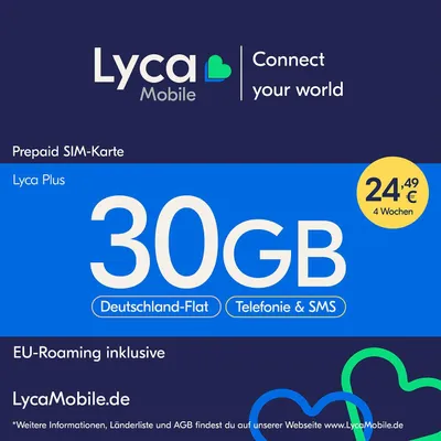 Produktbild von Lyca Mobile Plus Prepaid Smartphone SIM Karte ohne Vertrag 30GB