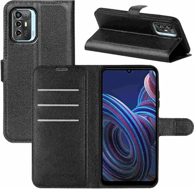 A black leather flip case for a smartphone is shown, with the phone inside and displaying its screen.