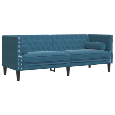 Zdjęcie produktu dla Sofa Chesterfield z wałkami, trzyosobowa, niebieska, aksamit