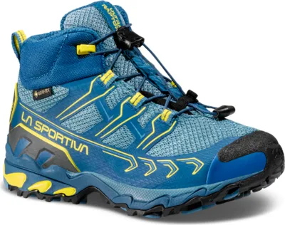 Wanderschuhe für Kinder; Modell "Ultra Raptor II Mid Junior GTX" von La Sportiva in Blau und Gelb.