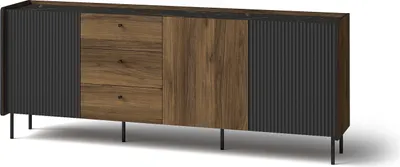 Produktbild von Breite Kommode geriffelt PRESTIGO 200 cm Schwarz + Nussbaum