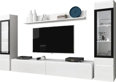 Produktbild von MIRJAN24 Wohnwand Vera II, Stilvoll Wohnzimmer-Set, TV-Schrank, Modern Mediawand (Weiß / Weiß Hochglanz, mit Beleuchtung)