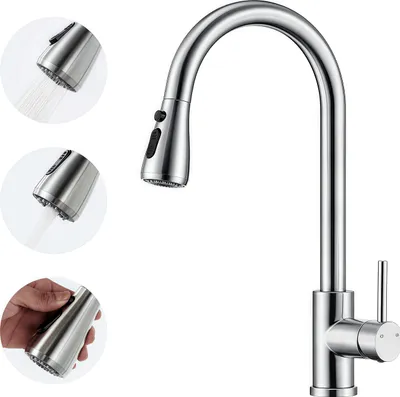 Produktbild von Küchenarmatur, Wasserhahn Küche Ausziehbar, 360° Drehbar, Mischbatterie Spültischarmatur Edelstahl mit Brause, 3 Modus Hochdruck Küchenarmatur, Silber