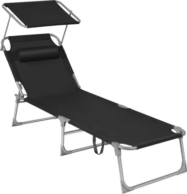 A black folding lounge chair with a sunshade and headrest is shown against a white background.