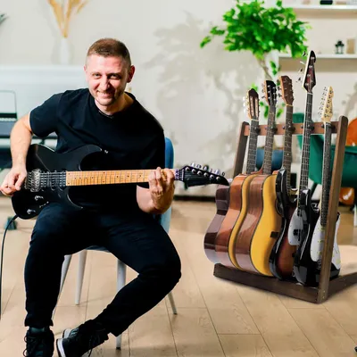 Produktbild von Gitarrenständer - Gitarrenhalterung - Gitarrenausstellungsständer - Ausstellungsregal - Schwarz, Nussbaumholz, für 5 Gitarren