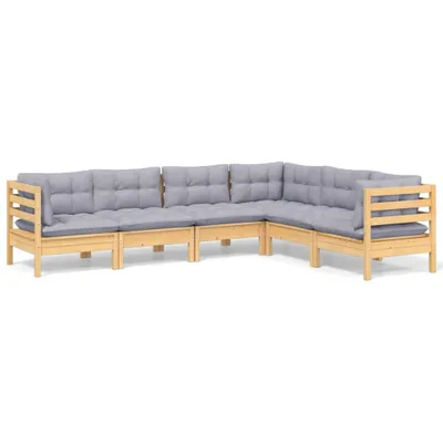 Image de Salon de jardin 6 pcs avec coussins gris Bois de pin massif