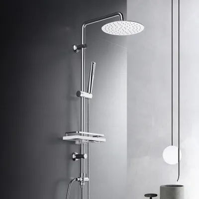 A modern shower system with a rain showerhead and handheld shower, mounted on a wall.