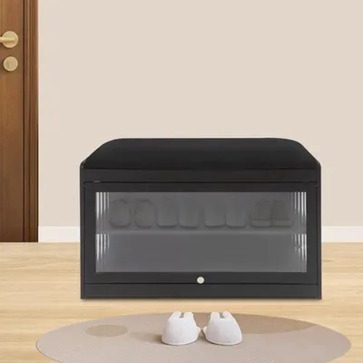 Immagine prodotto di Panca per scarpe nera con comodo cuscino in bambù, ideale per l'ingresso