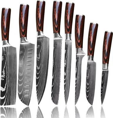 A set of kitchen knives with patterned blades and wooden handles are displayed against a white background.