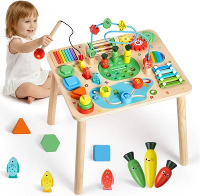 Zdjęcie produktu dla Drewniany stolik aktywnościowy Montessori dla niemowląt i małych dzieci – stolik do zabawy/nauki 13 w 1 – dla dzieci w wieku 6–36 miesięcy – zabawka edukacyjna – pomysł na prezent urodzinowy i świąteczny