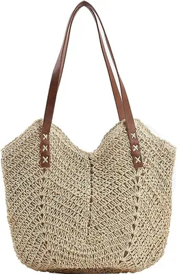 Produktbild von Strohtasche für Damen, Sommer-Strandtasche, weich gewebte Einkaufstasche, große Rattan-Umhängetasche für den Urlaub