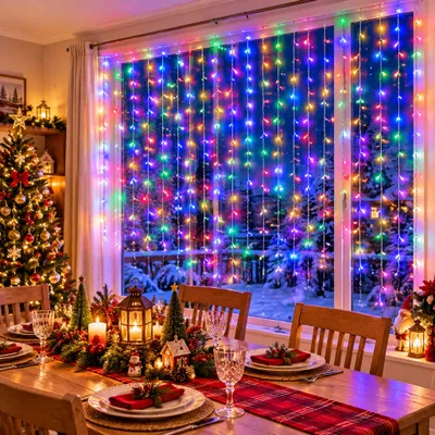 Image de YARDIN LED, guirlande lumineuse "Eisregen", 5 mètres, 200 LED, multicolore, 8 modes d'éclairage sélectionnables, possibilité de synchronisation, décoration festive pour fenêtres et murs