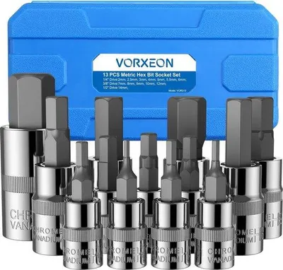 Produktbild von Unyqoos® 13‑teiliges metrisches Sechskant‑Steckschlüsselsatz 2–14 mm (1/4", 3/8", 1/2") S2 & 50BV30 Vanadiumstahl, inkl. Werkzeugkoffer – für Drehmomentschlüssel & Bohrmaschine